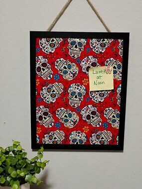 Sugar Skulls Inspired Decorative Message Bulletin Cork Board 12"x15" Wood Frame